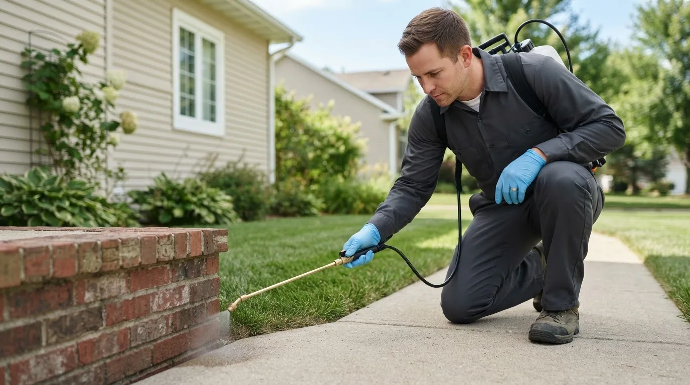 Pest control technician treating a home near New London, MN