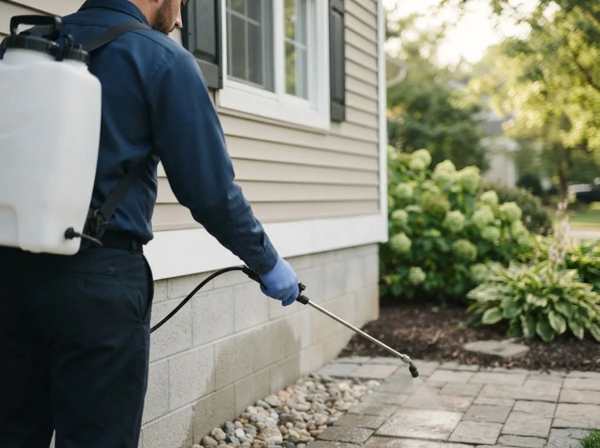 Pest control technician inspecting a home in New London, MN